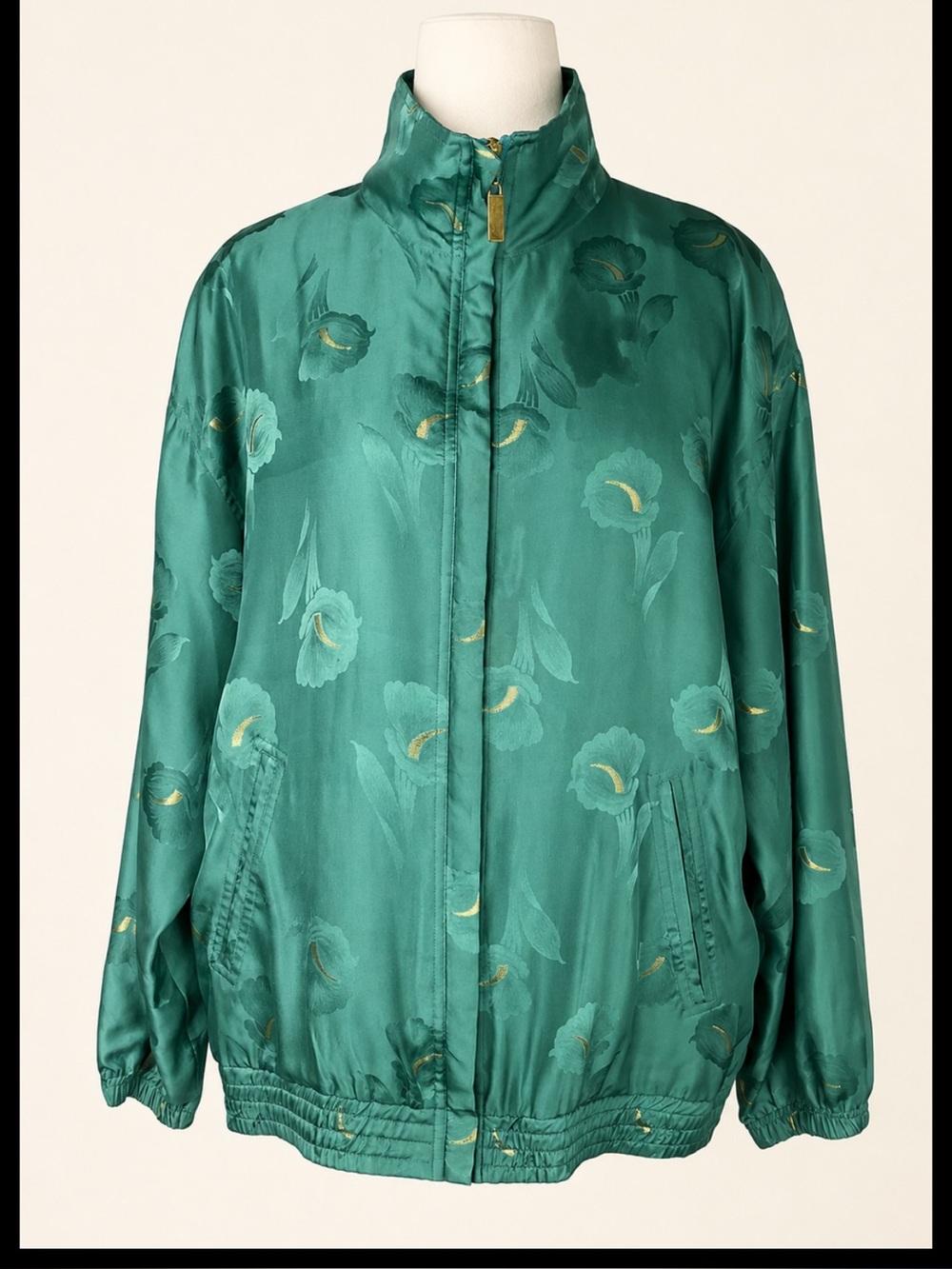 Vintage ABVIEN 100% Silk Teal Floral Jacquard Gold Bomber Jacket M